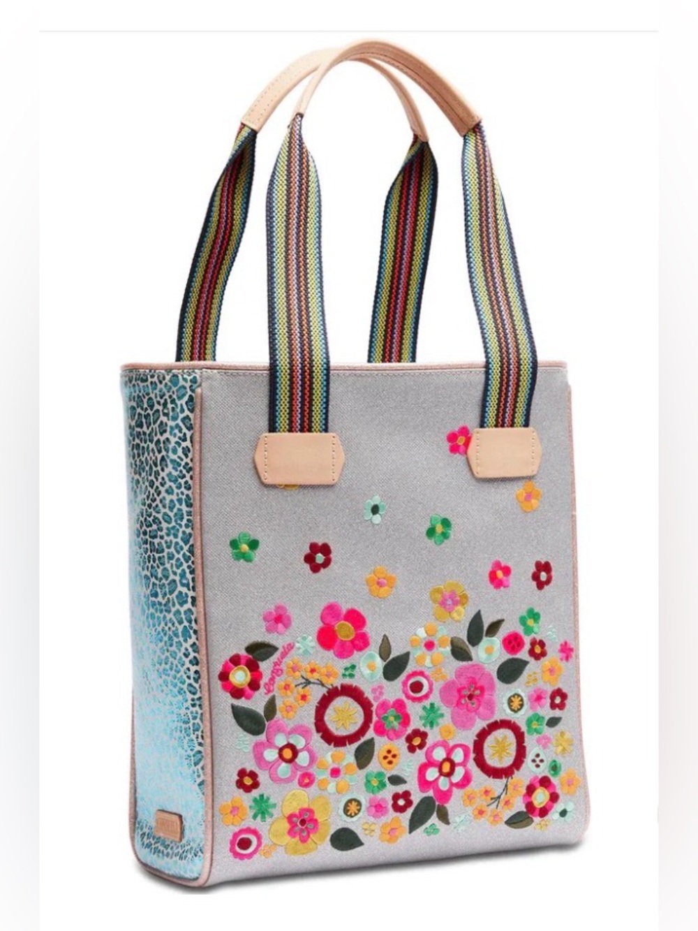 NWT Consuela Tink Chica Tote Shimmer Floral Embroidery Foiled Leather Sides